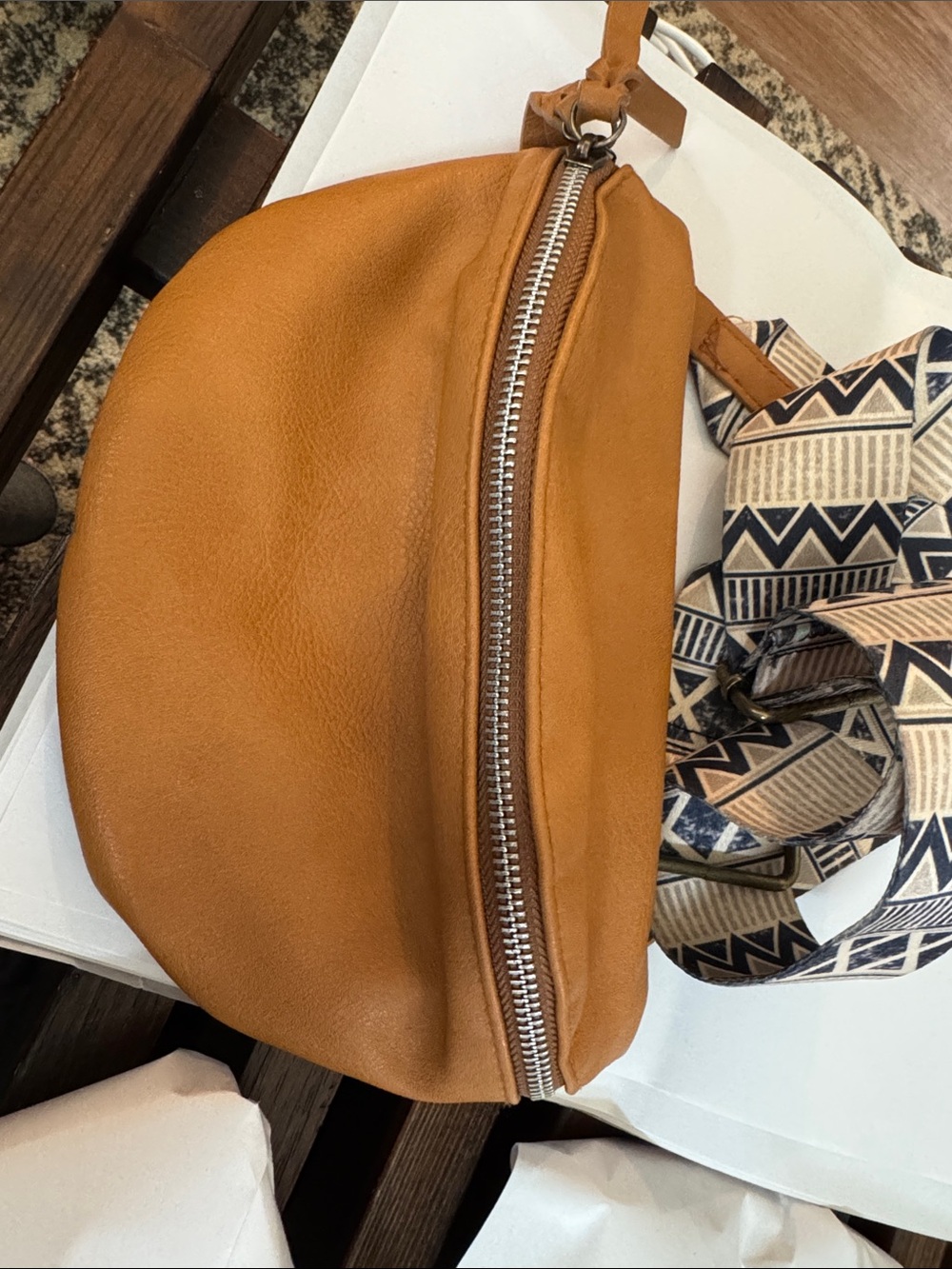 Women's Tan Crossbody Belt Bag with Patterned Strap